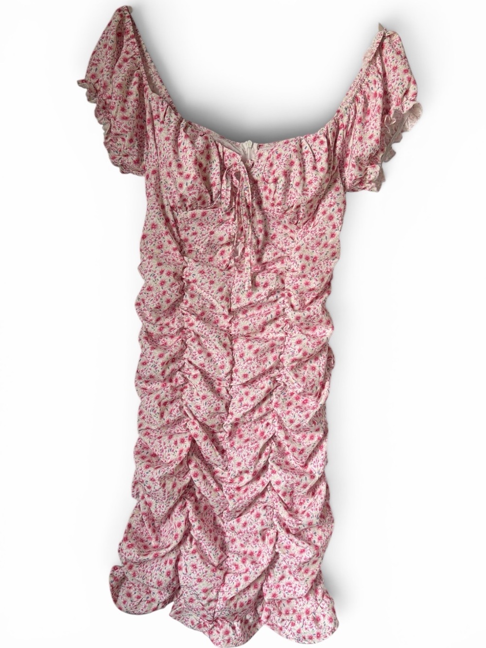 Floral Pink Ruched Off-Shoulder Midi Dress Romantic Feminine Coquette Dainty